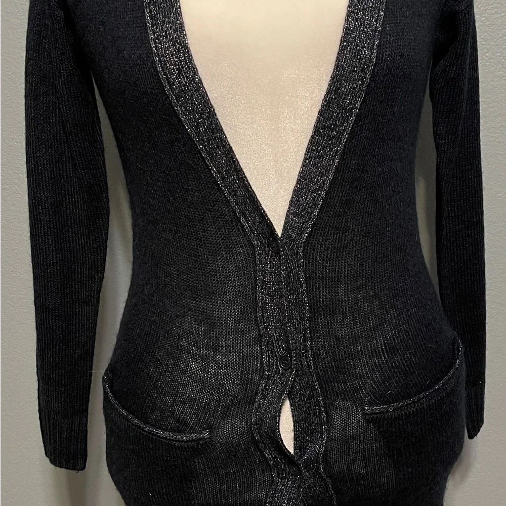 Lauren Conrad Blue Longline Cardigan Sweater Lace Trim Metallic Preppy Office XS - Picture 6 of 12